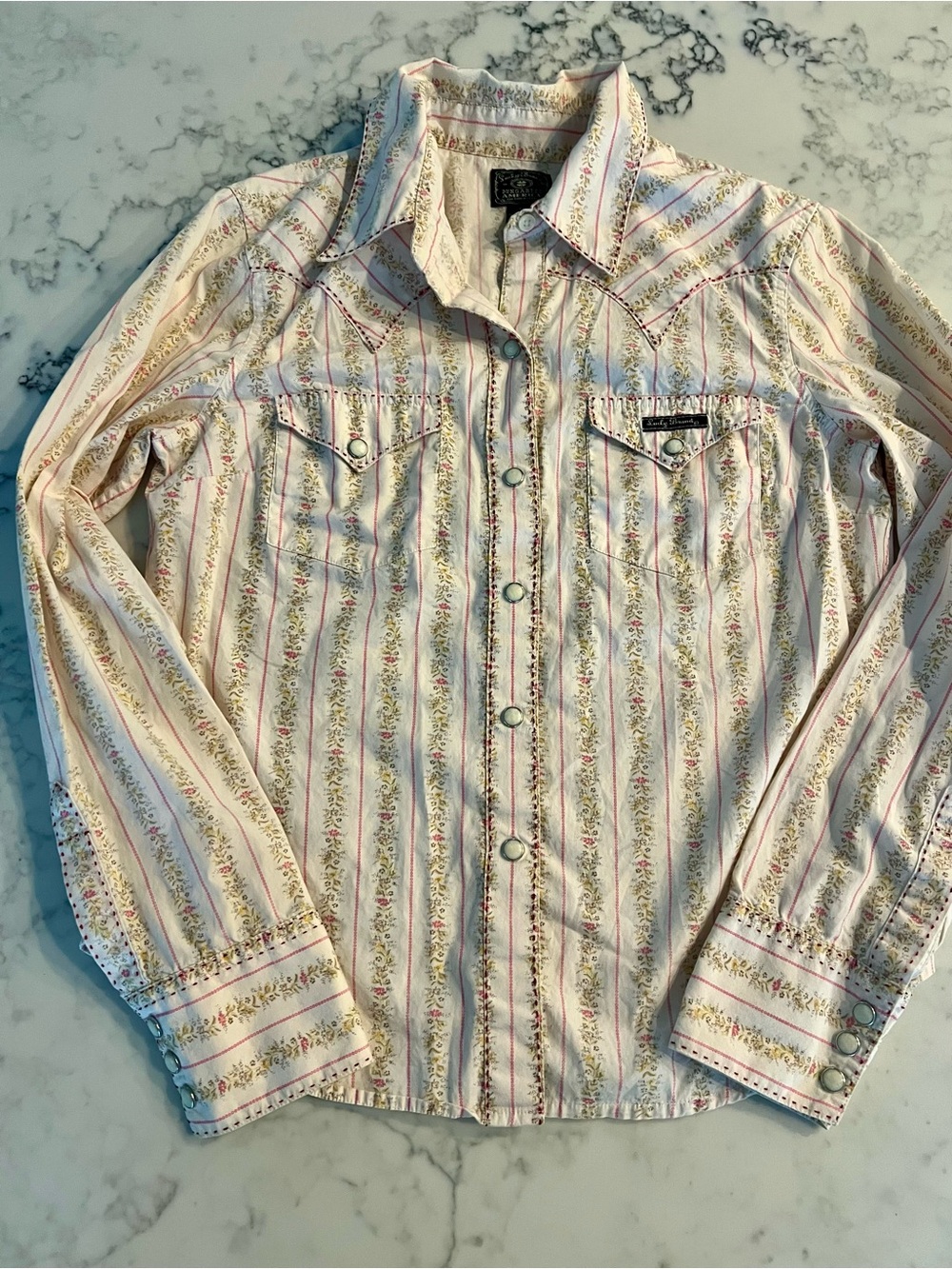 Western Shirt Plaid Pearl Snap Women’s Pink Floral Stitching Medium Lucky Brand